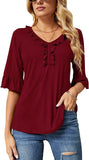 Red Casual V Neck T Shirts Loose Summer Tops Ruffle - Ivicoer | Women's Tops and Blouses
