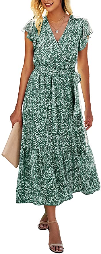 Dark Green Women Summer Bohemian Floral Casual Wrap V Neck Ruffle Cap Sleeveless Belt A-Line Pleated Hem Swing Midi Sun Dress - BTFBM | Women's Casual Dresses
