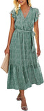 Dark Green Women Summer Bohemian Floral Casual Wrap V Neck Ruffle Cap Sleeveless Belt A-Line Pleated Hem Swing Midi Sun Dress - BTFBM | Women's Casual Dresses
