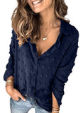 Blue Women Pompom Button Down Shirt Casual Blouse Top - Astylish | Women's Tops and Blouses