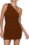 Brown Women's Sexy One Shoulder Ruched Sleeveless Bodycon Mini Short Dress - Lyaner | Women's Formal Dresses