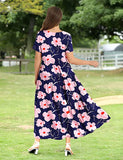 Blue Pink Women Casual Loose Bohemian Floral Dress with Pockets Short Sleeve Long Maxi Summer Beach Swing Dress - Yesno | Women's Casual Dresses