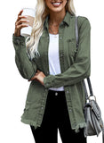 Green Women's Oversized Denim Jacket Casual Long Boyfriend Distresse Jean Jacket Autumn Spring - Dokotoo