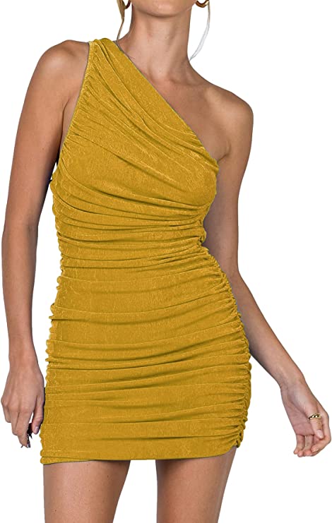 Yellow Women's Sexy One Shoulder Ruched Sleeveless Bodycon Mini Short Dress - Lyaner | Women's Formal Dresses