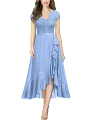 Light Blue Women's V Neck Elegant Lace Ruffle Bridesmaid Maxi Dress - Miusol