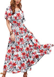 White Red Lace Knotted on the Left Women Casual Loose Bohemian Floral Dress with Pockets Short Sleeve Long Maxi Summer Beach Swing Dress - Yesno | Women's Casual Dresses