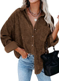 Dark Brown Womens Corduroy Button Down Shirts Boyfriend Long Sleeve Oversized Blouses Tops - Dokotoo | Women's Tops and Blouses