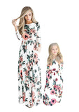Floral White Long Sleeve Summer Cute Mommy and Me Boho Striped Chevron Maxi Dresses - WIWIQS | Women's Casual Dresses