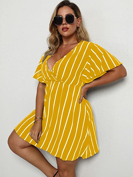 Yellow Women's Plus Size Striped Print Wrap V Neck Short Sleeve A Line Dress - Floerns | Women's Formal Dresses