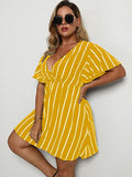 Yellow Women's Plus Size Striped Print Wrap V Neck Short Sleeve A Line Dress - Floerns | Women's Formal Dresses