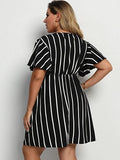 Black Women's Plus Size Striped Print Wrap V Neck Short Sleeve A Line Dress - Floerns | Women's Formal Dresses