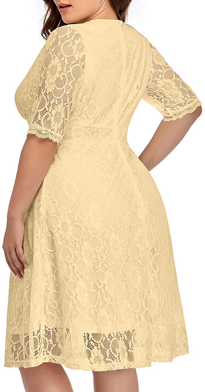Yellow Women Lace V Neck Plus Size Half Sleeve Knee Length Cocktail Wedding Guest Swing Dress - Pinup | Women's Cocktail Dresses