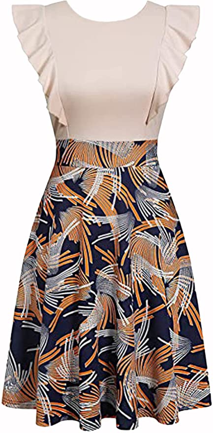 Beige Womens Dresses Elegant Ruffles Cap Sleeves Summer A-Line Midi Dress - ECOWISH | Women's Cocktail Dresses