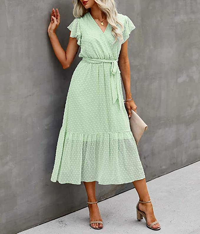 Swiss Dot Light Yellow Women Summer Bohemian Floral Casual Wrap V Neck Ruffle Cap Sleeveless Belt A-Line Pleated Hem Swing Midi Sun Dress - BTFBM | Women's Casual Dresses