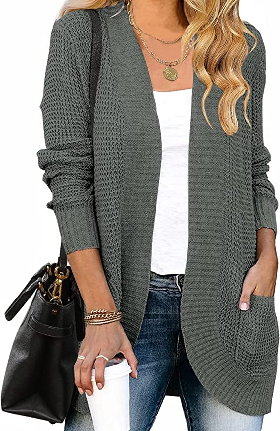 Dark Grey Women's Long Sleeve Open Front Casual Lightweight Soft Knit Cardigan Sweater Outerwear - ZESICA | Women's Cardigan