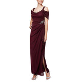Beaded Wine Women's Plus Size Long Cold Shoulder Dress with Ruched Skirt - Alex Evenings | Women's Cocktail Dresses