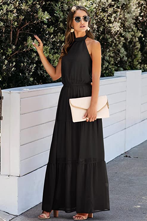 Y Black Women's Casual Halter Neck Sleeveless Floral Long Maxi Dress Backless Loose Ruffle Sundress with Belt - PRETTYGARDEN | Women's Formal Dresses