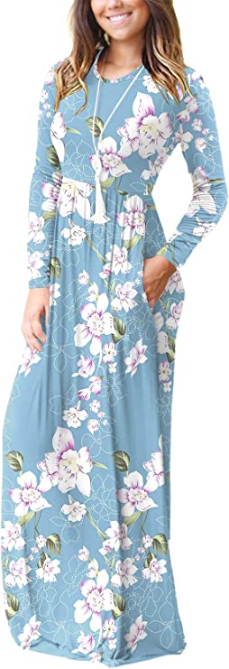 Print Navy Casual Short/Long Sleeve Maxi Dress with Pockets - HAOMEILI | Women's Casual Dresses