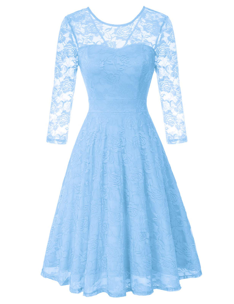 Light Blue Ladies Vintage Floral Cocktail Party Wedding Guest A Line L ...