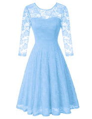 Light Blue Ladies Vintage Floral Cocktail Party Wedding Guest A Line Lace Dresses - JASAMBAC