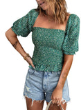 Green Half Sleeve Blouses for Women Puff Square Neck Tops Off The Shoulder Floral - EVALESS | Women's Tops and Blouses