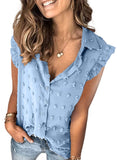 Sky Blue Women Pompom Button Down Shirt Casual Blouse Top - Astylish | Women's Tops and Blouses