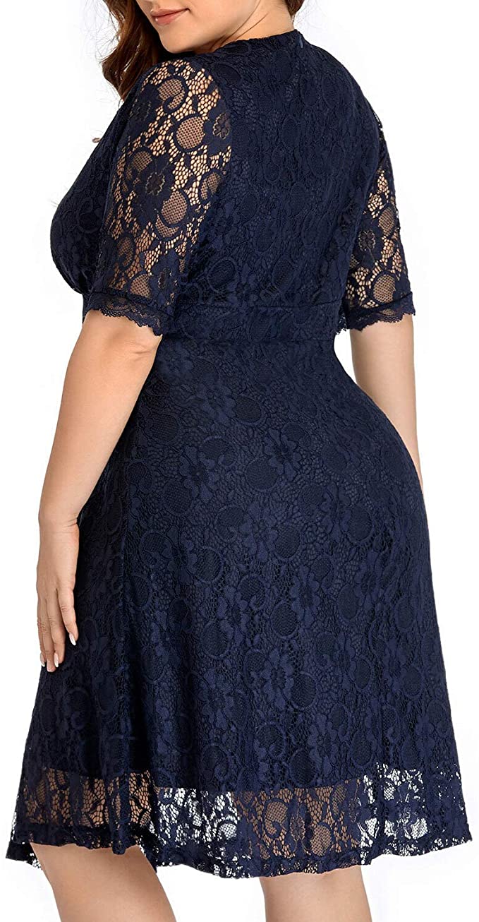 Navy Blue Women Lace V Neck Plus Size Half Sleeve Knee Length Cocktail Wedding Guest Swing Dress - Pinup | Women's Cocktail Dresses
