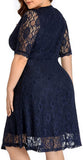 Navy Blue Women Lace V Neck Plus Size Half Sleeve Knee Length Cocktail Wedding Guest Swing Dress - Pinup | Women's Cocktail Dresses