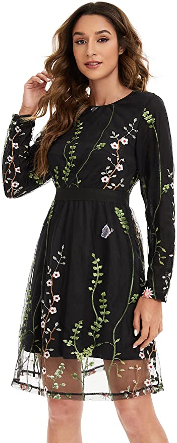 Solid Black Women's Floral Embroidery Mesh Round Neck Tunic Party Dress - Milumia | Women's Casual Dresses