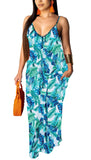 Floral Blue Women's Summer Floral Spaghetti Strap Maxi Dresses Sexy V-Neck Beach Boho Tropical Long Sundress - HannahZone | Women's Casual Dresses
