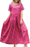 Pink Women Casual Loose Bohemian Floral Dress with Pockets Short Sleeve Long Maxi Summer Beach Swing Dress - Yesno | Women's Casual Dresses