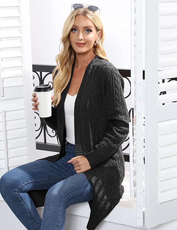 Cadet Gray Women Open Front Cardigan Sweaters Pockets Long Sleeve Shrugs - GRACE KARIN | Women's Cardigan