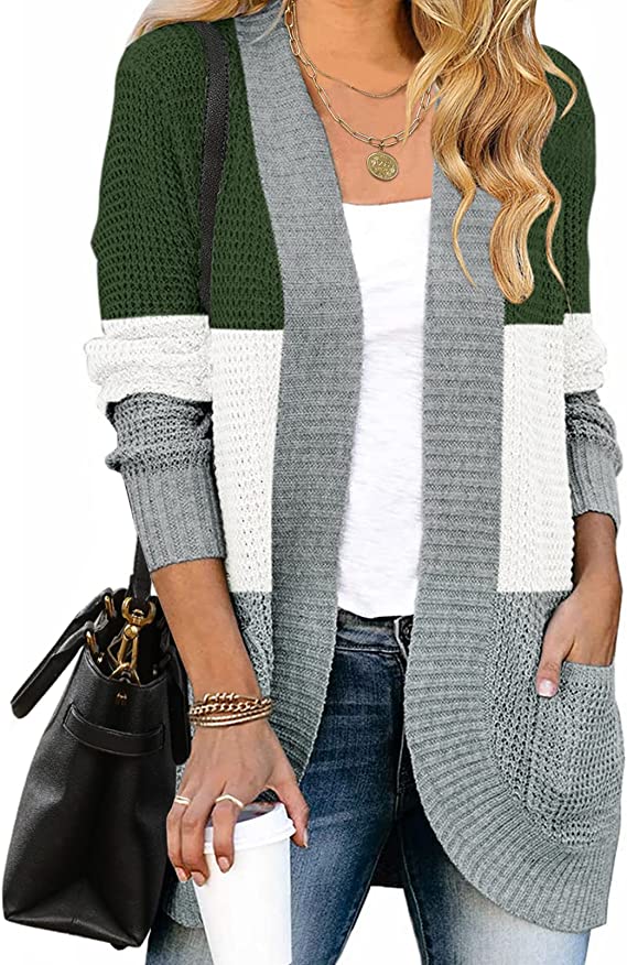 Contrast Green Women's Long Sleeve Open Front Casual Lightweight Soft Knit Cardigan Sweater Outerwear - ZESICA | Women's Cardigan
