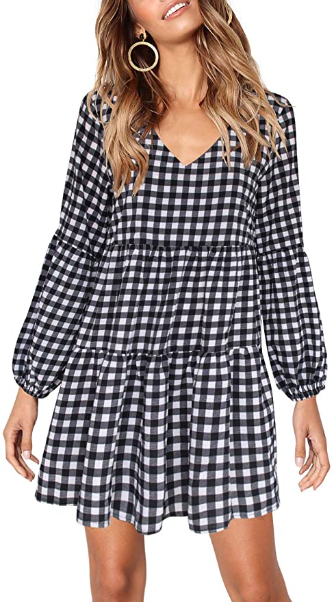 Printed Plaid Long Sleeve Women Summer Tunic Dress V Neck Casual Loose Flowy Swing Shift Dresses - Amoretu | Women's Casual Dresses