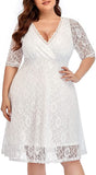 White Women Lace V Neck Plus Size Half Sleeve Knee Length Cocktail Wedding Guest Swing Dress - Pinup | Women's Cocktail Dresses
