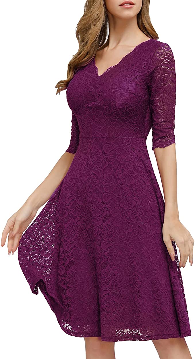 Purple Cocktail Dress for Women Vintage Wedding Guest Lace Midi Dress Original Brand