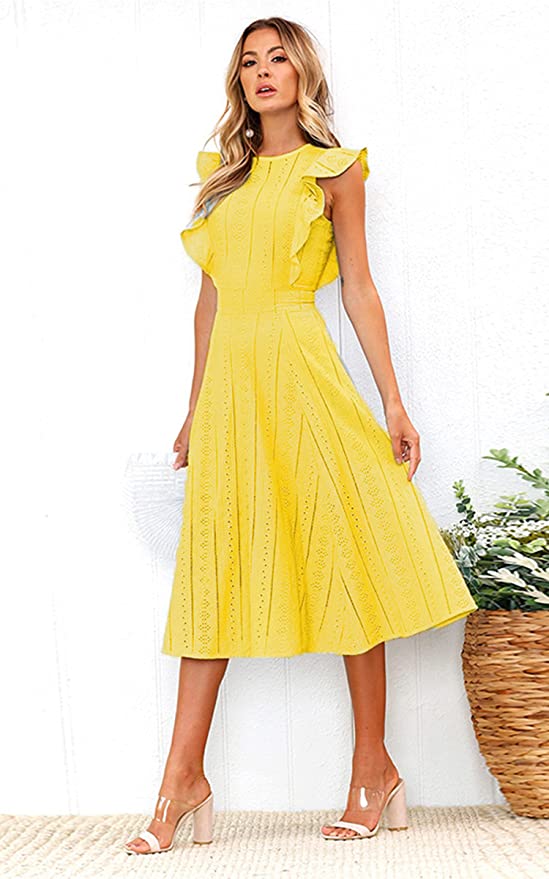 Yellow Womens Dresses Elegant Ruffles Cap Sleeves Summer A-Line Midi Dress - ECOWISH | Women's Cocktail Dresses
