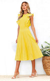 Yellow Womens Dresses Elegant Ruffles Cap Sleeves Summer A-Line Midi Dress - ECOWISH | Women's Cocktail Dresses