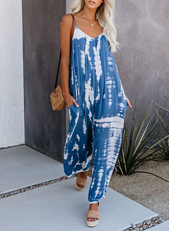 Blue Tie Women's Casual Sleeveless Front Button Loose Jumpsuits Stretchy Long Pants Romper with Pockets - Happy Sailed | Women's Romper & Jumper Suit