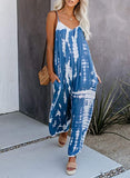 Blue Tie Women's Casual Sleeveless Front Button Loose Jumpsuits Stretchy Long Pants Romper with Pockets - Happy Sailed | Women's Romper & Jumper Suit