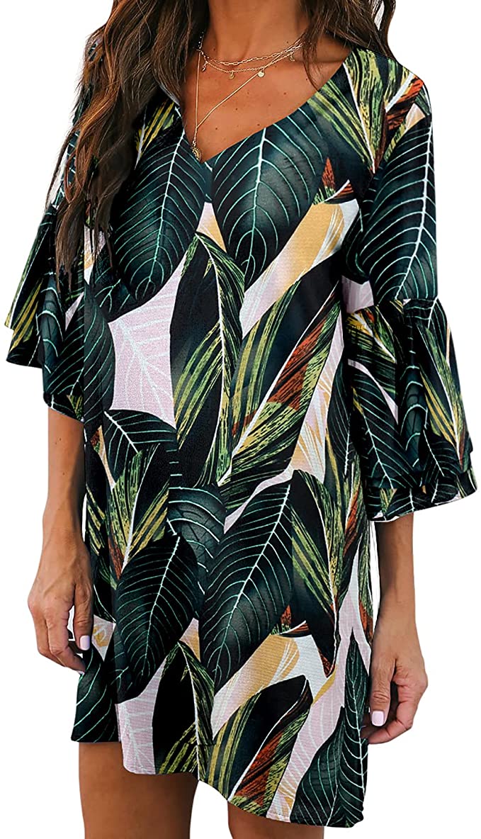 Green Multi Women's Dress Sweet & Cute V-Neck Bell Sleeve Shift Dress Mini Dress - BELONGSCI | Women's Casual Dresses