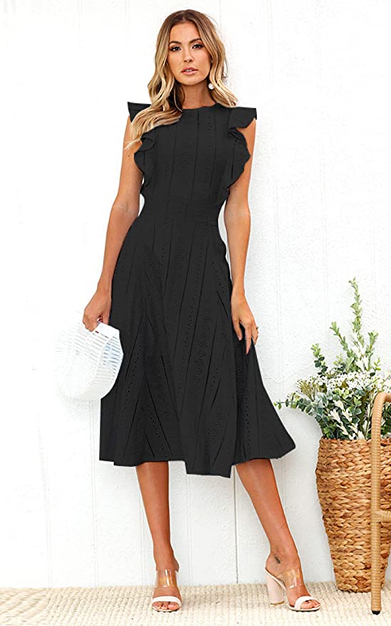 Black Womens Dresses Elegant Ruffles Cap Sleeves Summer A-Line Midi Dress - ECOWISH | Women's Cocktail Dresses