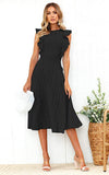 Black Womens Dresses Elegant Ruffles Cap Sleeves Summer A-Line Midi Dress - ECOWISH | Women's Cocktail Dresses