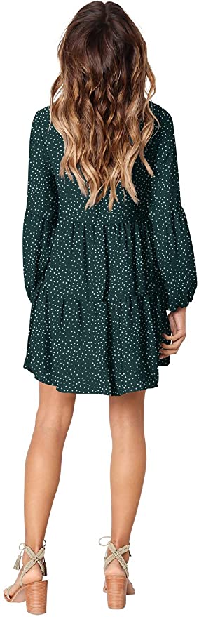 Polka Dot Green Long Sleeve Women Summer Tunic Dress V Neck Casual Loose Flowy Swing Shift Dresses - Amoretu | Women's Casual Dresses