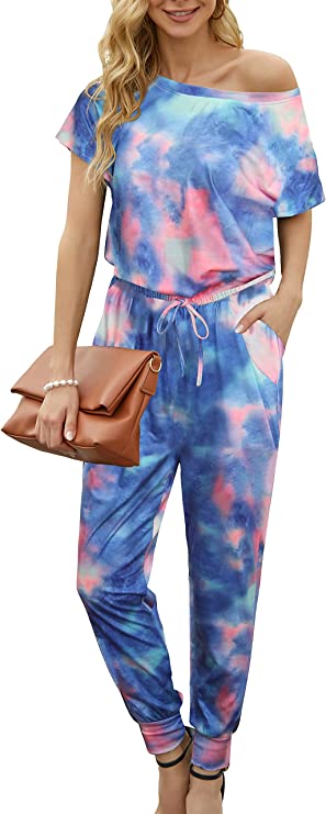 Blue Piece Summer Jumpsuit Rompers Off Shoulder for Women with Pockets Casual Elastic Waist - KAY SINN | Women's Romper & Jumper Suit