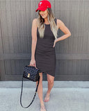 Dark Grey Women Casual Dress Crew Neck Ruched Summer Sleeveless Tank Bodycon Shirt Short Mini Dresses - BTFBM | Women's Club Dresses