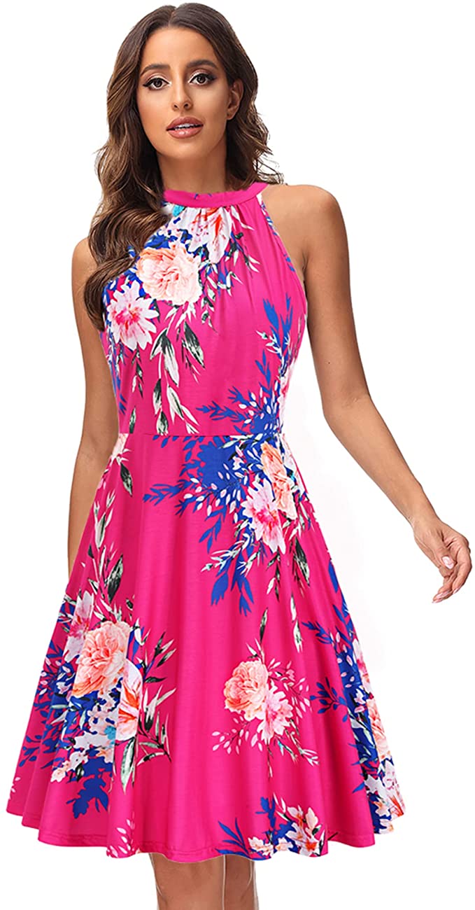 White Floral-31 Women's Halter Neck Floral Summer Casual Sundress - OUGES | Women's Casual Dresses