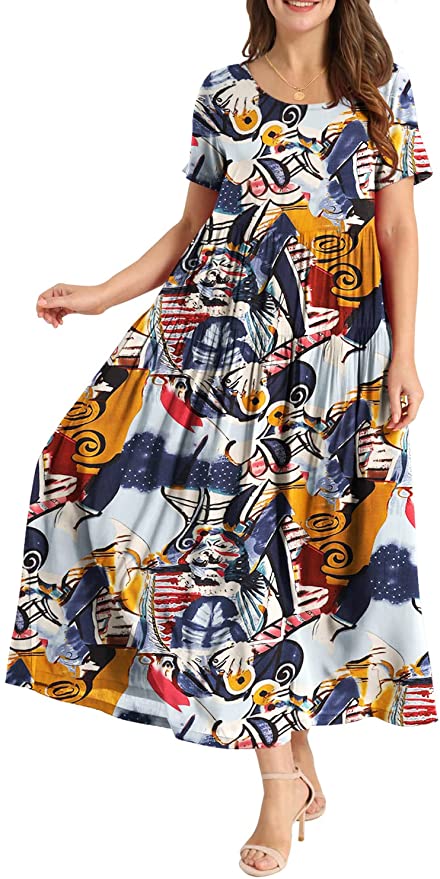 Blue White Flower Women Casual Loose Bohemian Floral Dress with Pockets Short Sleeve Long Maxi Summer Beach Swing Dress - Yesno | Women's Casual Dresses