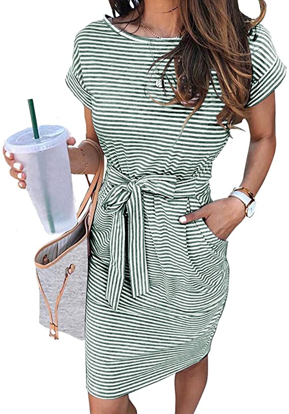 Olive Women's Summer Striped Short Sleeve T Shirt Dress Casual Tie Waist Midi Dress - MEROKEETY | Women's Casual Dresses