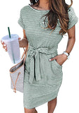 Olive Women's Summer Striped Short Sleeve T Shirt Dress Casual Tie Waist Midi Dress - MEROKEETY | Women's Casual Dresses